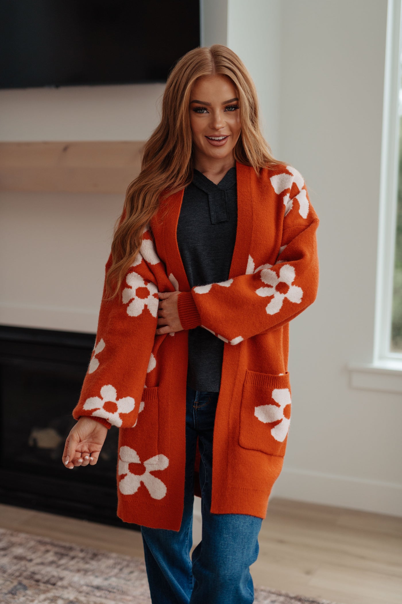 Enough Anyways Floral Cardigan in Burnt Orange-Layers- Corner Stone Spa and Salon Boutique in Stoughton, Wisconsin
