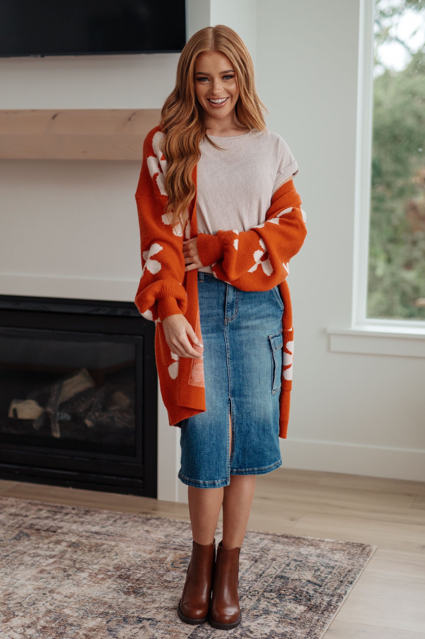 Enough Anyways Floral Cardigan in Burnt Orange-Layers- Corner Stone Spa and Salon Boutique in Stoughton, Wisconsin