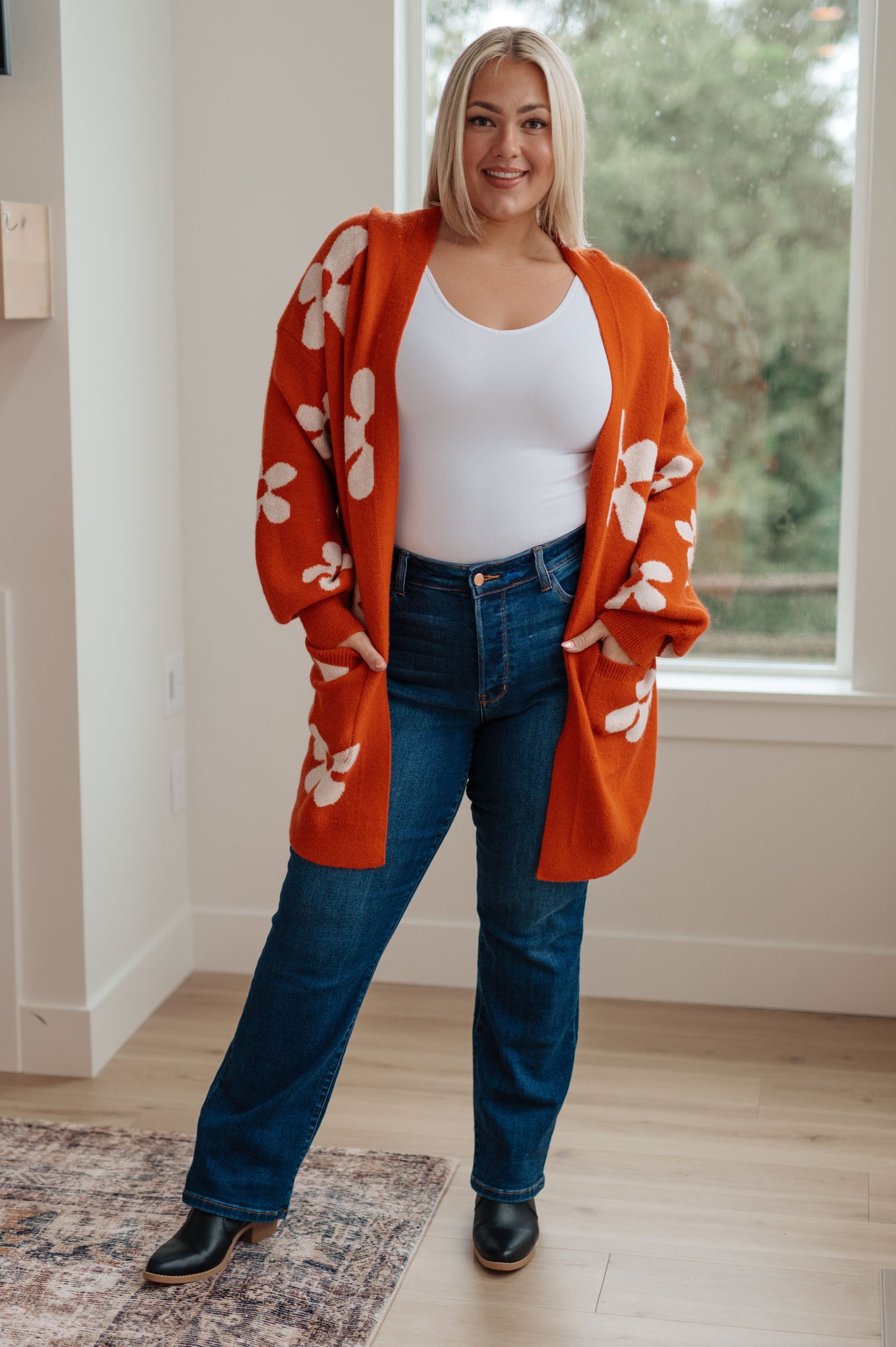 Enough Anyways Floral Cardigan in Burnt Orange-Layers- Corner Stone Spa and Salon Boutique in Stoughton, Wisconsin