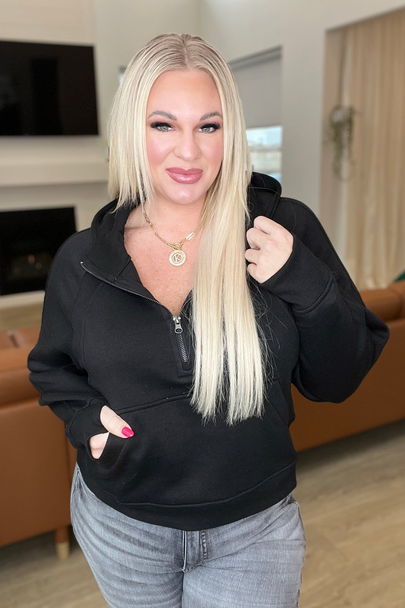 Half Zip Cropped Hoodie in Black-Tops- Corner Stone Spa and Salon Boutique in Stoughton, Wisconsin