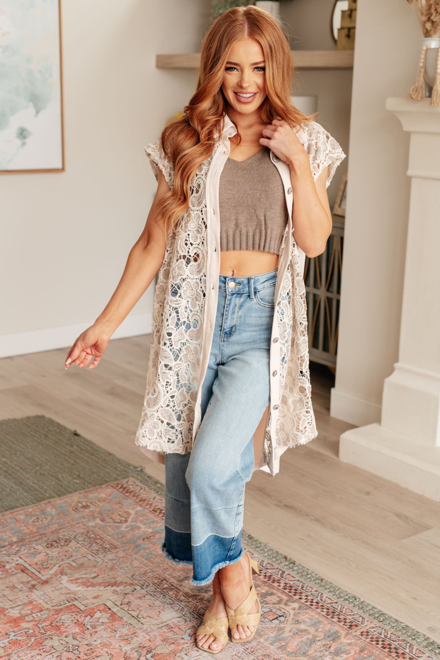 Pieces of Me Longline Lace Button Up-Layers- Corner Stone Spa and Salon Boutique in Stoughton, Wisconsin