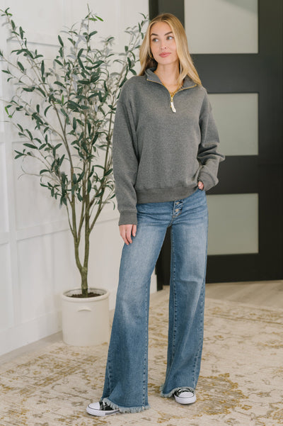 Sweater Weather Half Zip High Neck Pullover in Charcoal-Womens- Corner Stone Spa and Salon Boutique in Stoughton, Wisconsin