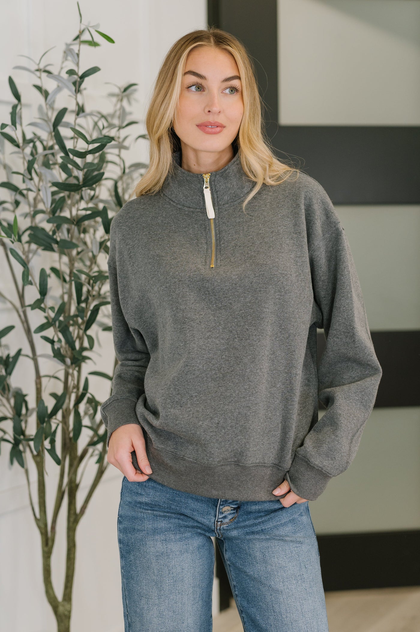 Sweater Weather Half Zip High Neck Pullover in Charcoal-Womens- Corner Stone Spa and Salon Boutique in Stoughton, Wisconsin