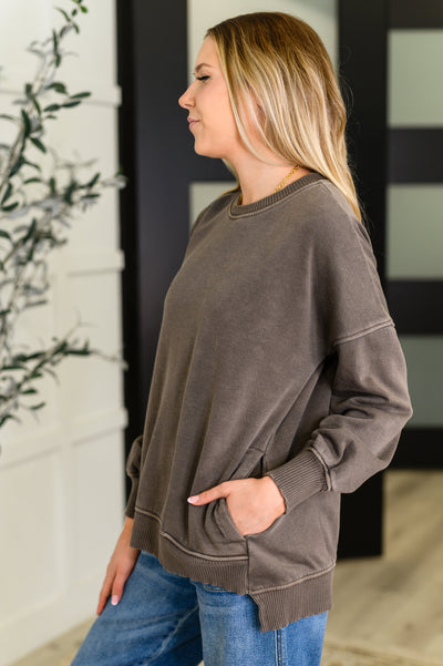 Talk Cozy to Me Stepped Hem Pullover in Brown|Corner Stone Spa Boutique-Womens- Corner Stone Spa and Salon Boutique in Stoughton, Wisconsin