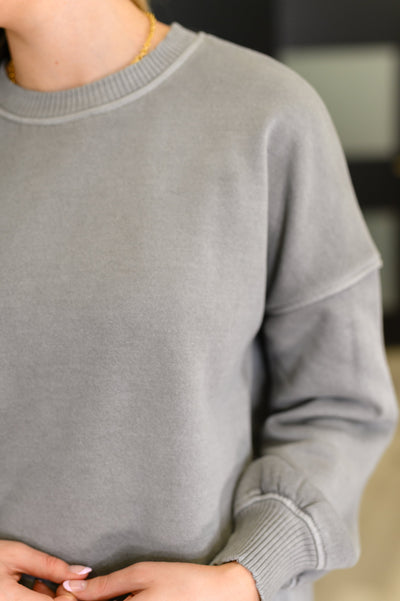 Talk Cozy to Me Stepped Hem Pullover in Sleet|Corner Stone Spa Boutique-Womens- Corner Stone Spa and Salon Boutique in Stoughton, Wisconsin