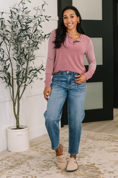 Talk to Me Long Sleeve Henley in Vintage Marsala-Womens- Corner Stone Spa and Salon Boutique in Stoughton, Wisconsin