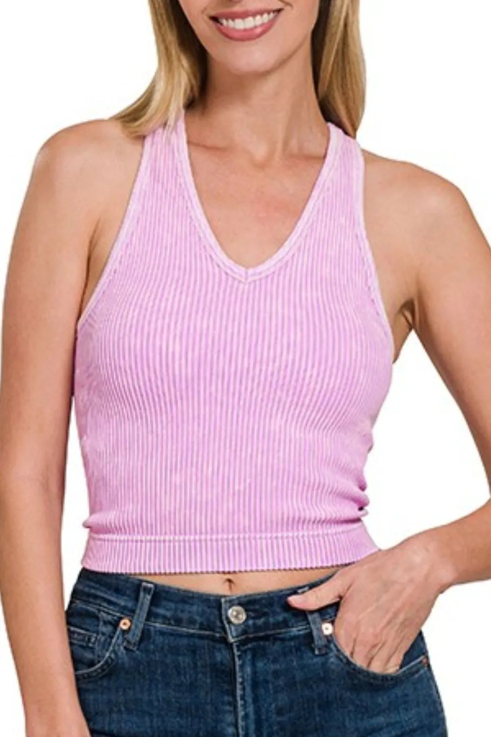 Zenana Washed Ribbed Seamless Bra Padded V-neck Tank Top- Corner Stone Spa and Salon Boutique in Stoughton, Wisconsin
