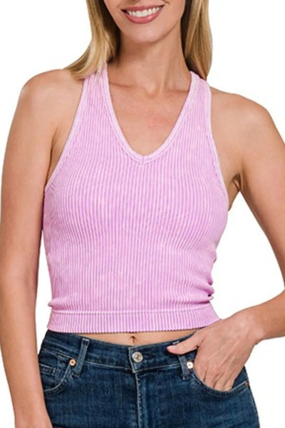 Zenana Washed Ribbed Seamless Bra Padded V-neck Tank Top- Corner Stone Spa and Salon Boutique in Stoughton, Wisconsin