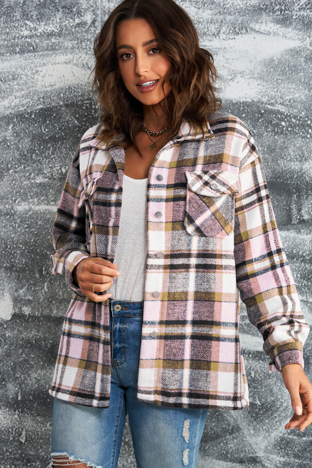 Plaid Button Front Shirt Jacket with Breast Pockets|Corner Stone Spa Boutique- Corner Stone Spa and Salon Boutique in Stoughton, Wisconsin
