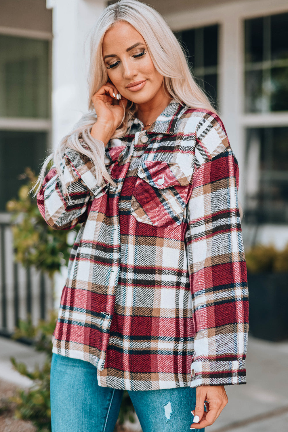 Plaid Button Front Shirt Jacket with Breast Pockets|Corner Stone Spa Boutique- Corner Stone Spa and Salon Boutique in Stoughton, Wisconsin