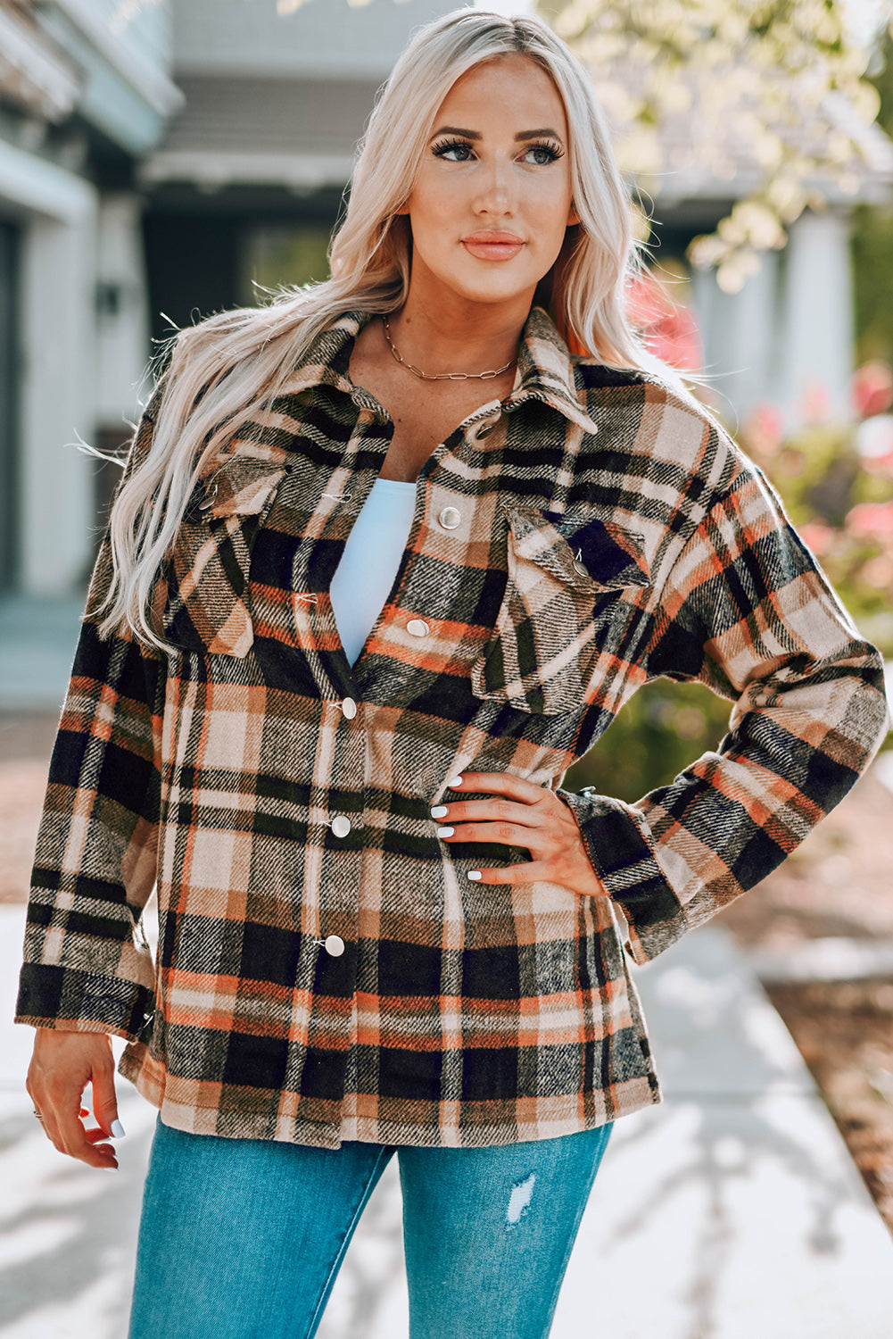 Plaid Button Front Shirt Jacket with Breast Pockets|Corner Stone Spa Boutique- Corner Stone Spa and Salon Boutique in Stoughton, Wisconsin