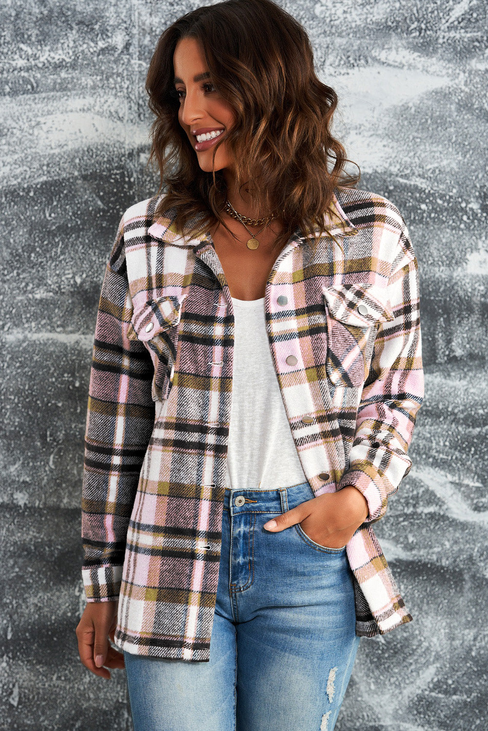 Plaid Button Front Shirt Jacket with Breast Pockets|Corner Stone Spa Boutique- Corner Stone Spa and Salon Boutique in Stoughton, Wisconsin