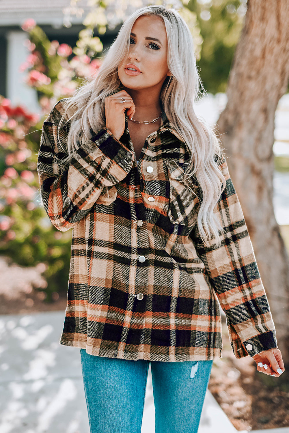 Plaid Button Front Shirt Jacket with Breast Pockets|Corner Stone Spa Boutique- Corner Stone Spa and Salon Boutique in Stoughton, Wisconsin