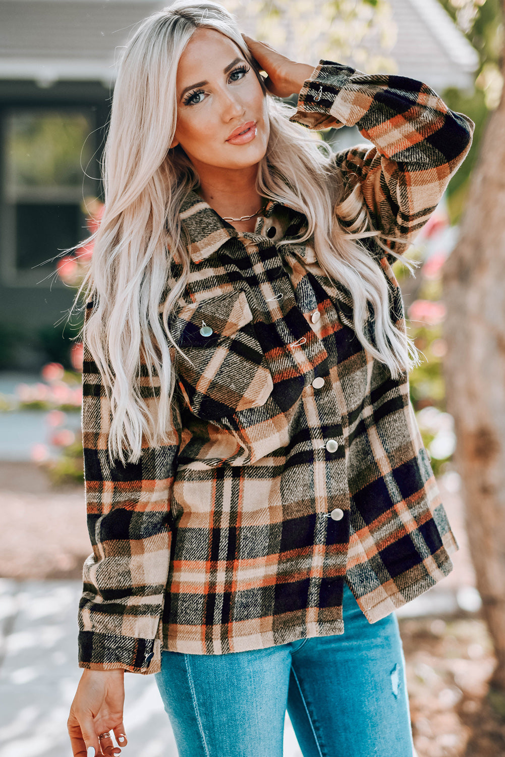 Plaid Button Front Shirt Jacket with Breast Pockets|Corner Stone Spa Boutique- Corner Stone Spa and Salon Boutique in Stoughton, Wisconsin